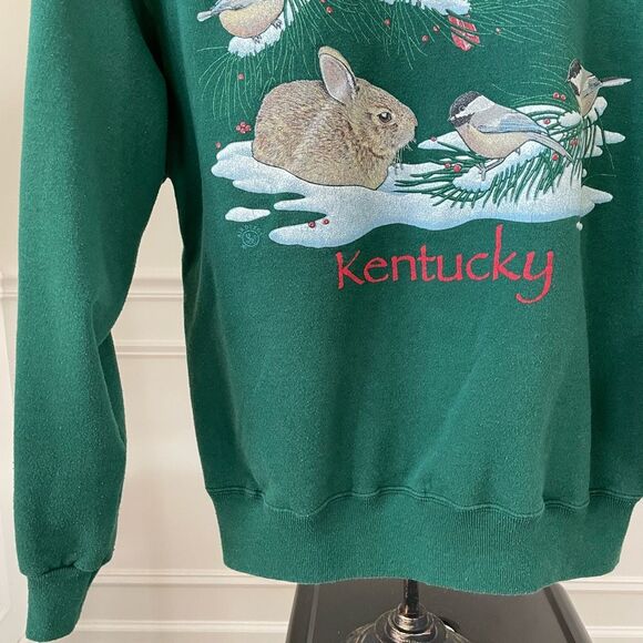 Vintage 90s Hanes Activewear Collared Sweatshirt Cardinal Bunny Snow Green Red L - Picture 7 of 10